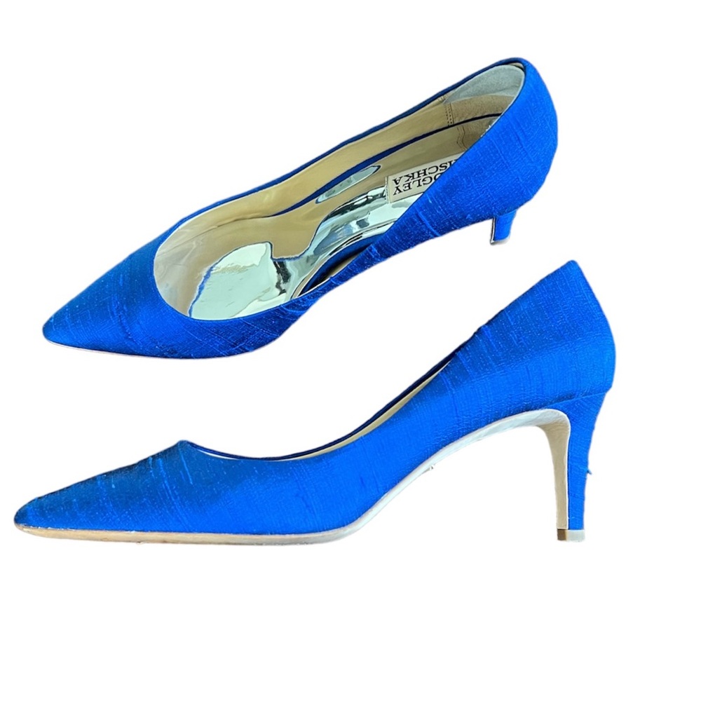 BADGLEY MISCHKA Lana Silk Mid Heel Blue Pumps Heels Size 9.5